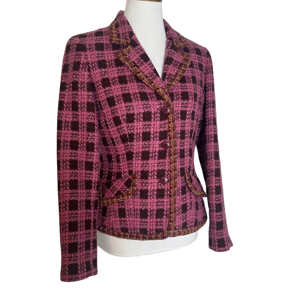 Noviello-Bloom Tweed Pink Brown Checkered 100% Wool Button Blazer Jacket Women 8